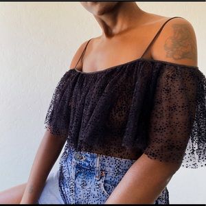 Racil Black Layered Dot Shear Lace Ruffle Tank Top